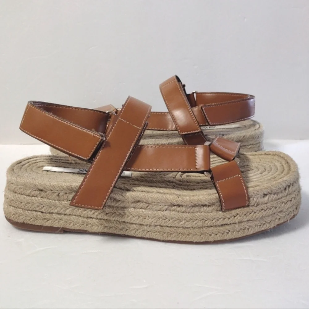 ZARA Women's Tan Jute Faux Leather Slingback Strappy Platform Sandals Brown 39 - Picture 9 of 13